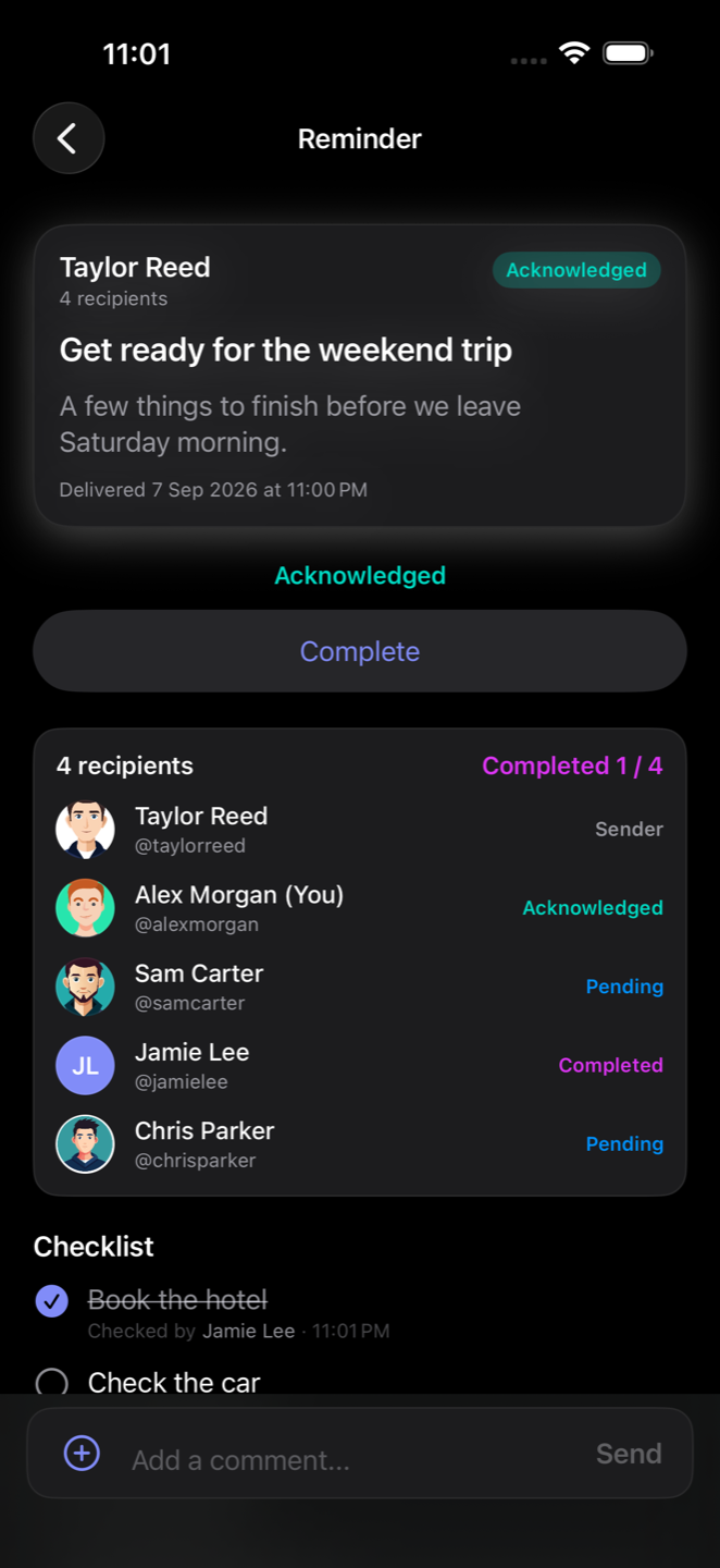 HeyDo group reminder screen showing shared progress