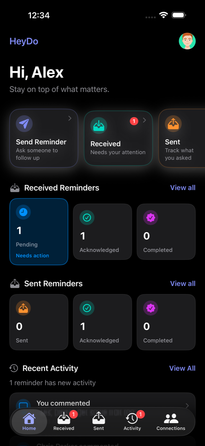 HeyDo home screen with Sent and Received reminders