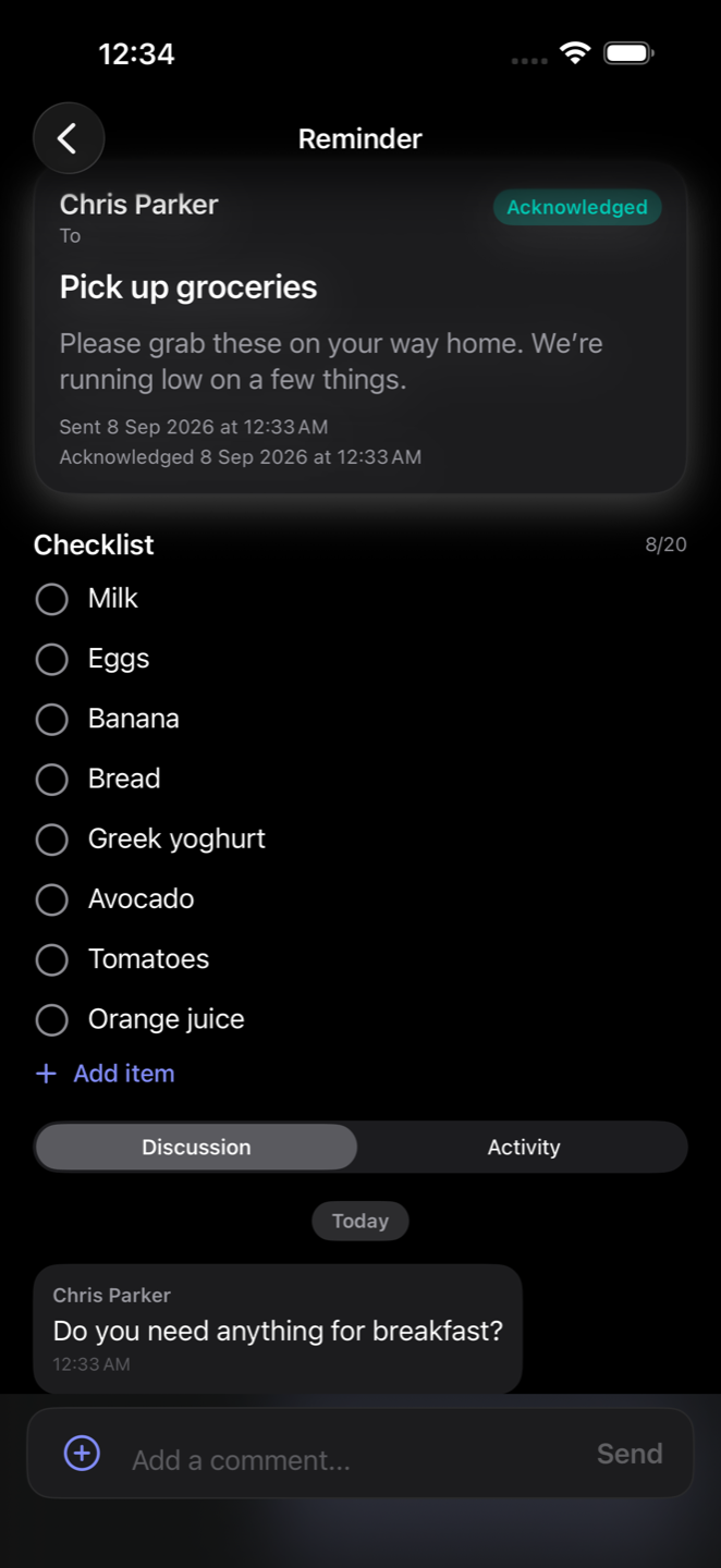 HeyDo reminder detail with checklist, discussion, and attachments
